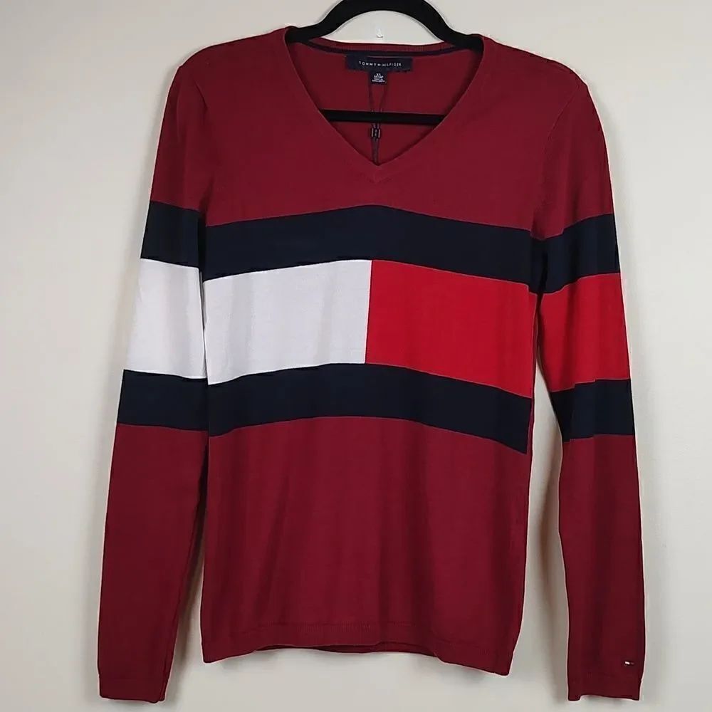 Tommy Hilfiger V-neck Color Block Ivy Sweater NWT